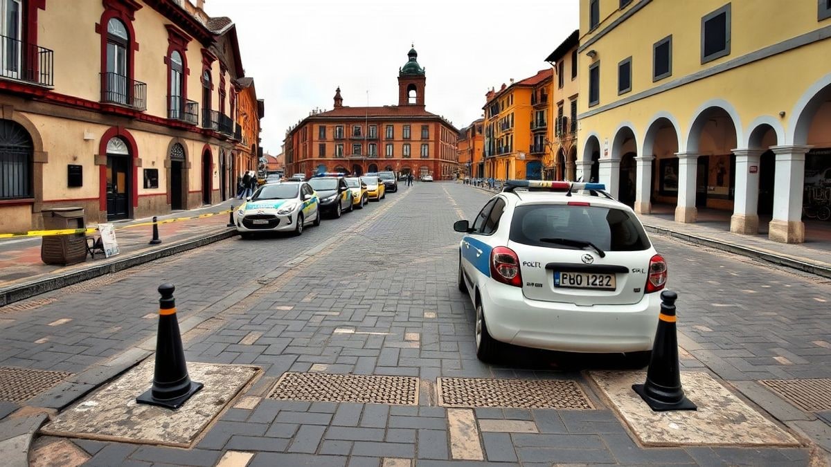 Imagen ilustrativa: una plaza española genérica con líneas convergentes de adoquines y edificios, con coches policiales estacionados y una cinta amarilla al fondo, bajo un cielo nublado.