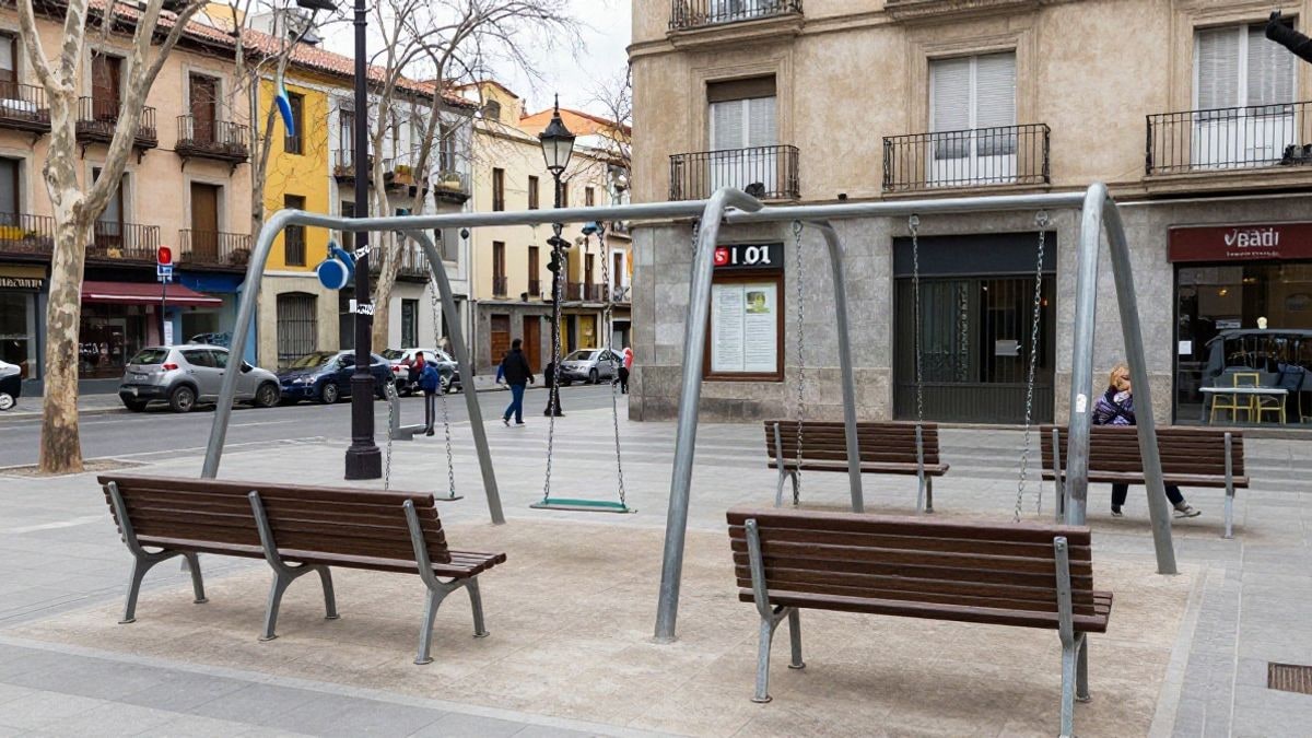 Imagen ilustrativa: parque urbano con columpios y bancos, con un cartel informativo en la entrada