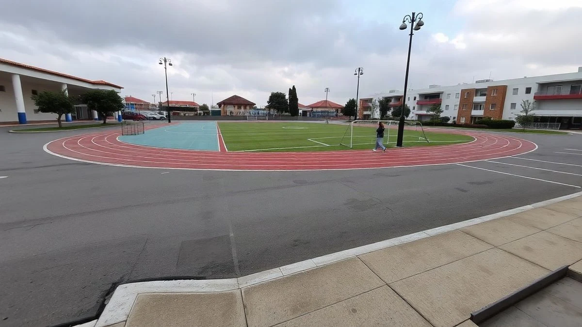 Imagen ilustrativa: complejo deportivo municipal vacío con pista de atletismo y campo de fútbol al fondo, bajo un cielo nublado.