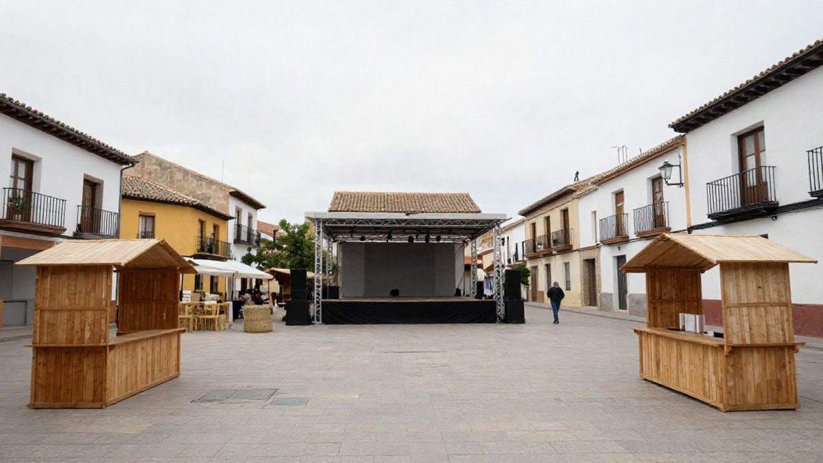 Imagen ilustrativa: plaza de un municipio español con puestos de un mercado temático y espacio abierto