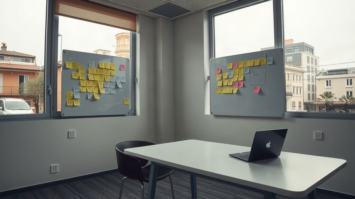 Imagen ilustrativa: sala de reuniones de una incubadora de empresas con notas adhesivas y un portátil