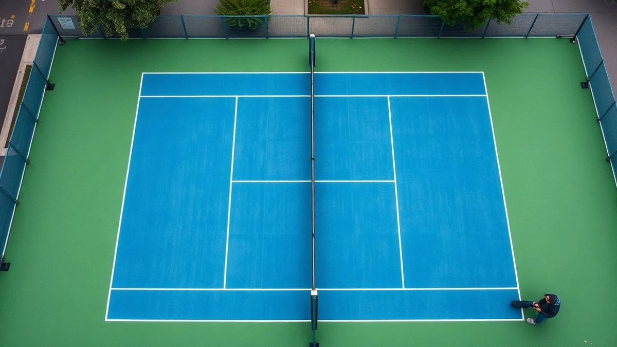 Imagen ilustrativa: vista cenital de una pista de pádel vacía con césped artificial y red en un polideportivo exterior.