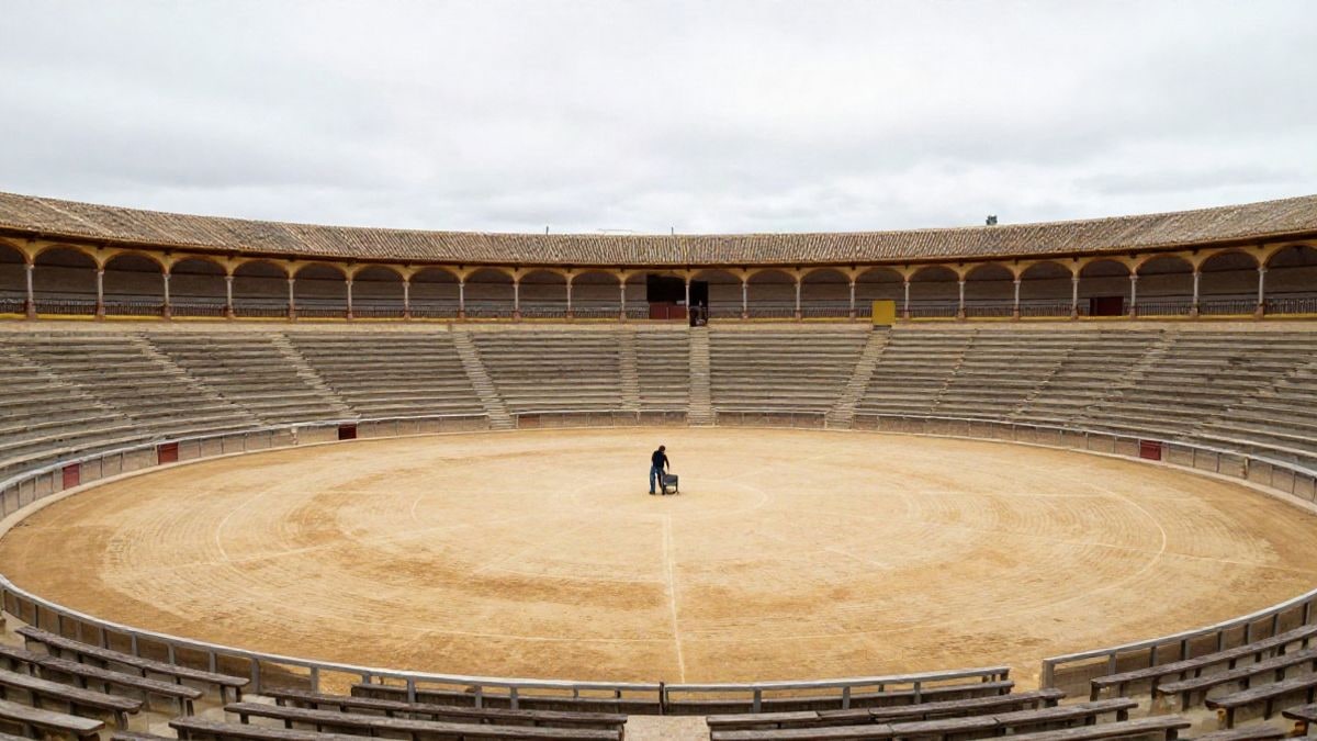 Imagen ilustrativa: gradas de una plaza de toros genérica con sillas dispuestas para un concierto