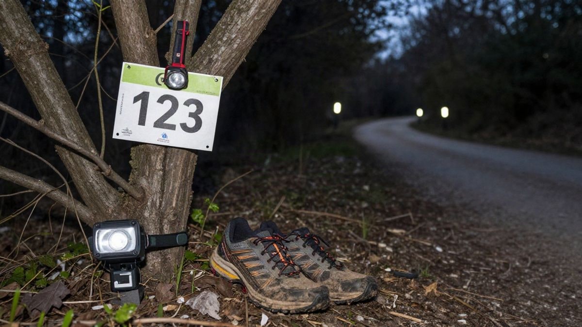 Imagen ilustrativa: dorsal de carrera colgado de una rama con una linterna frontal y zapatillas de trail en el suelo, de noche.