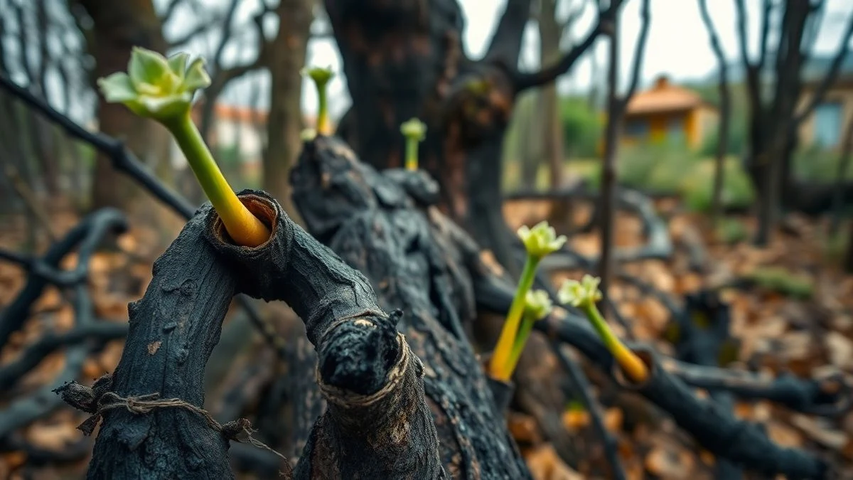 Imagen ilustrativa: ramas quemadas con brotes verdes en un área forestal, con viviendas al fondo