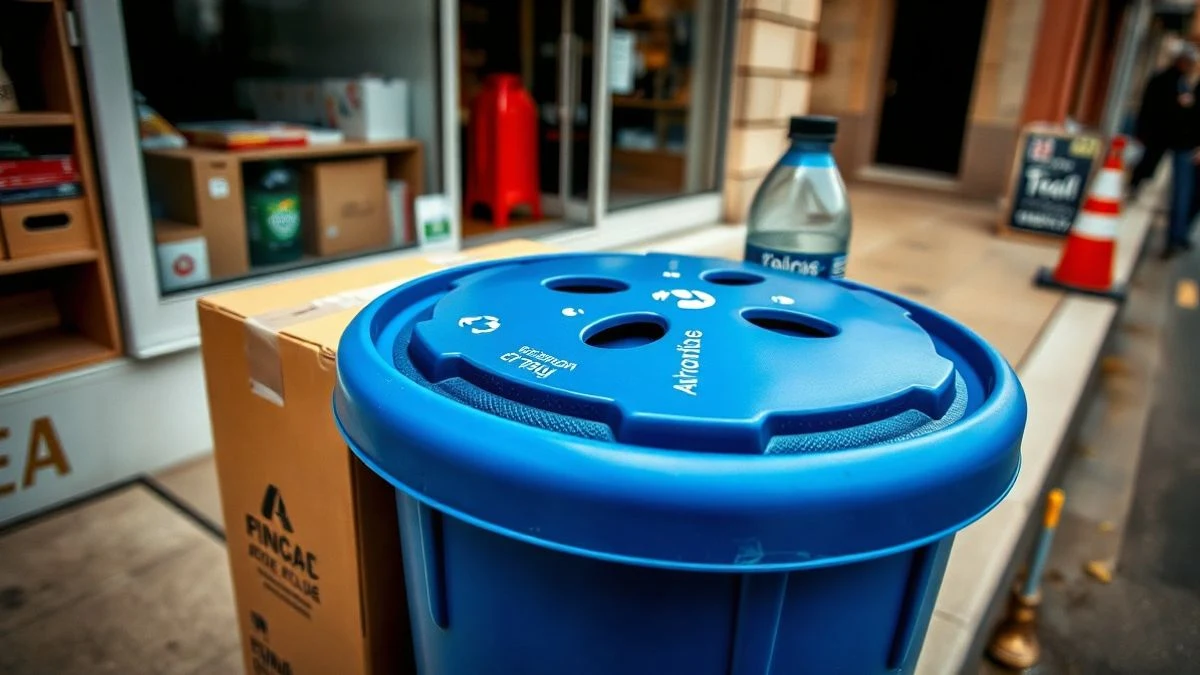 Imagen ilustrativa: contenedor de reciclaje azul en una acera junto a una caja de cartón y una botella de plástico.