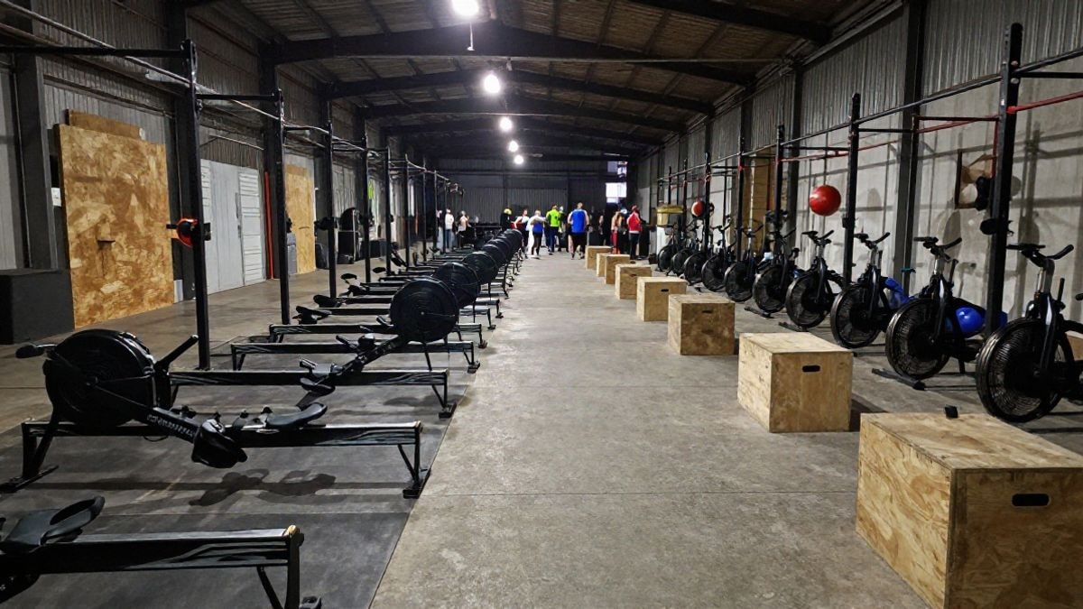 Imagen ilustrativa: nave industrial con un circuito de fitness y estaciones de ejercicio iluminadas por focos