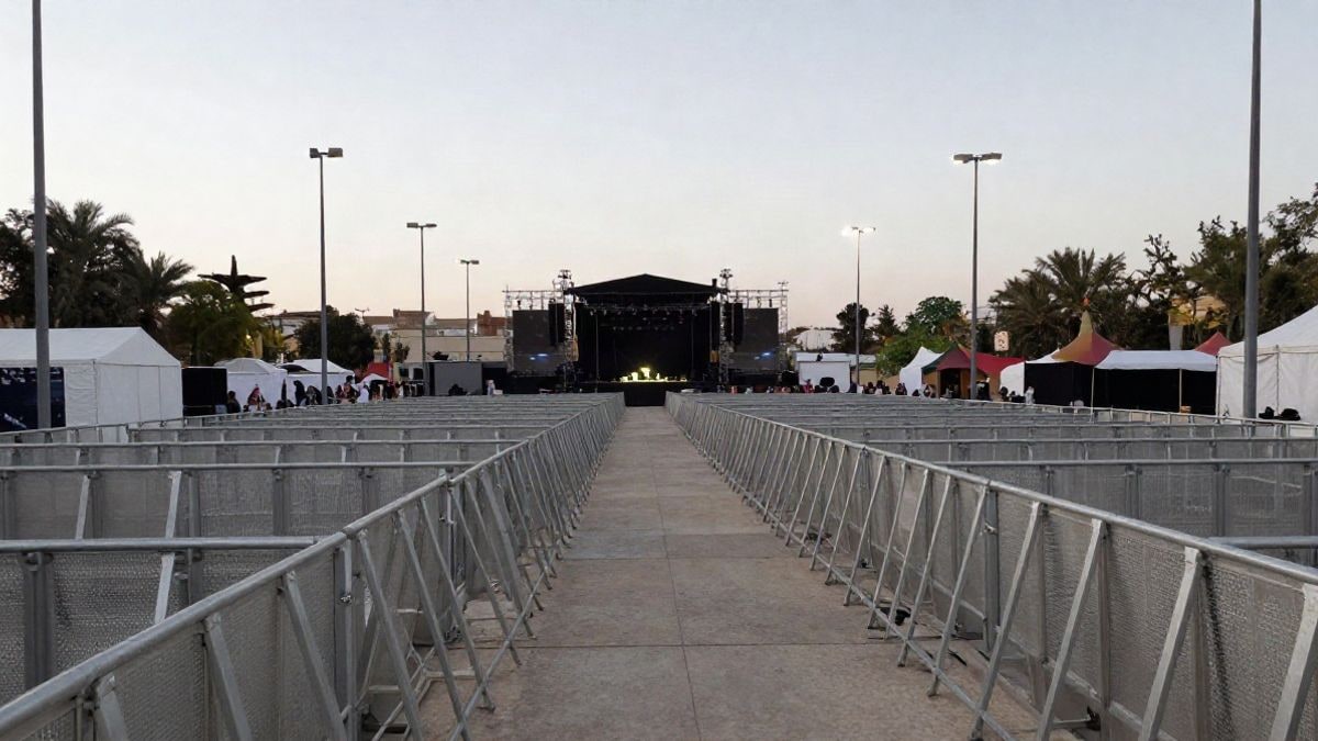 Imagen ilustrativa: recinto ferial al aire libre con escenario y vallas metálicas vistas en gran angular