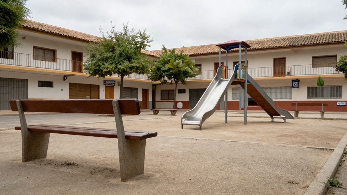 Illustrative image: an empty schoolyard with benches and a slide on a cloudy day