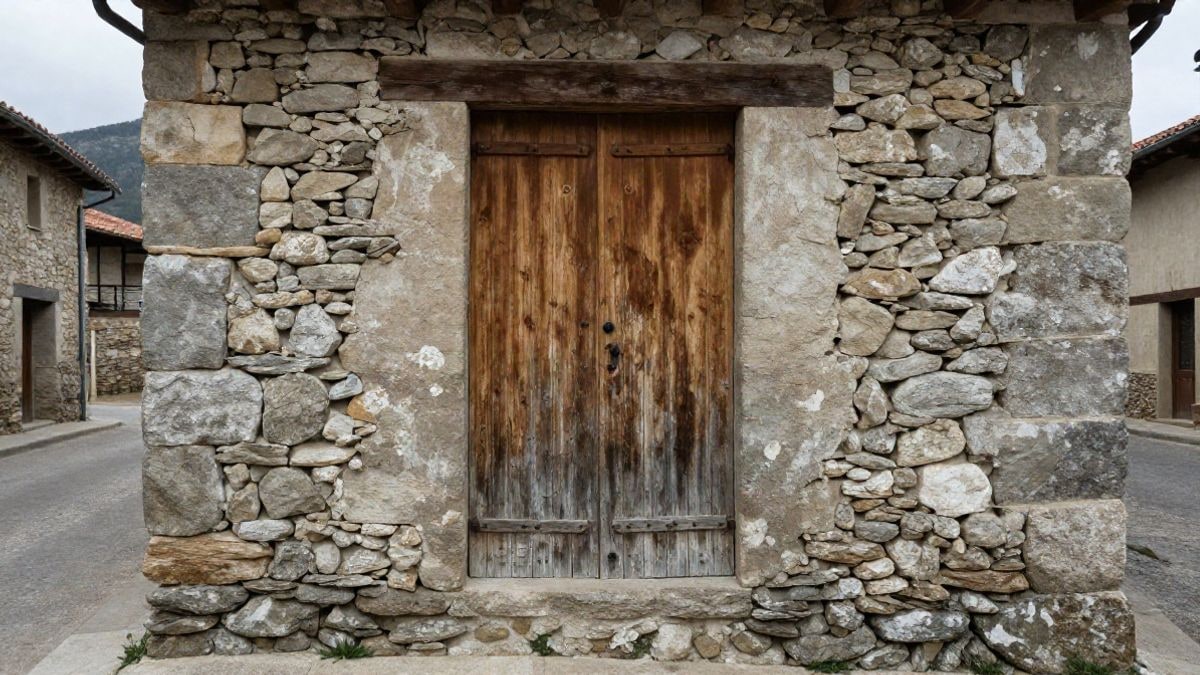 Imagen ilustrativa: detalle de una persiana de madera envejecida junto a un muro de piedra en una calle de pueblo