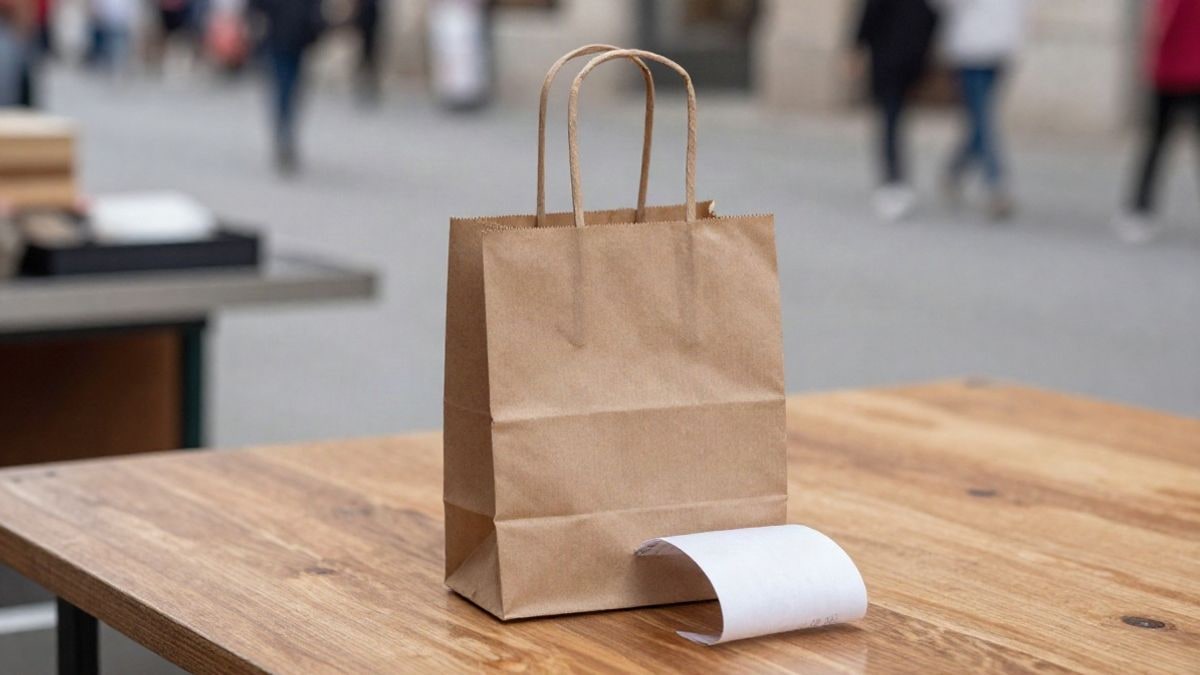 Imagen ilustrativa: primer plano de una bolsa de compra y un ticket sobre una mesa de puesto de mercado
