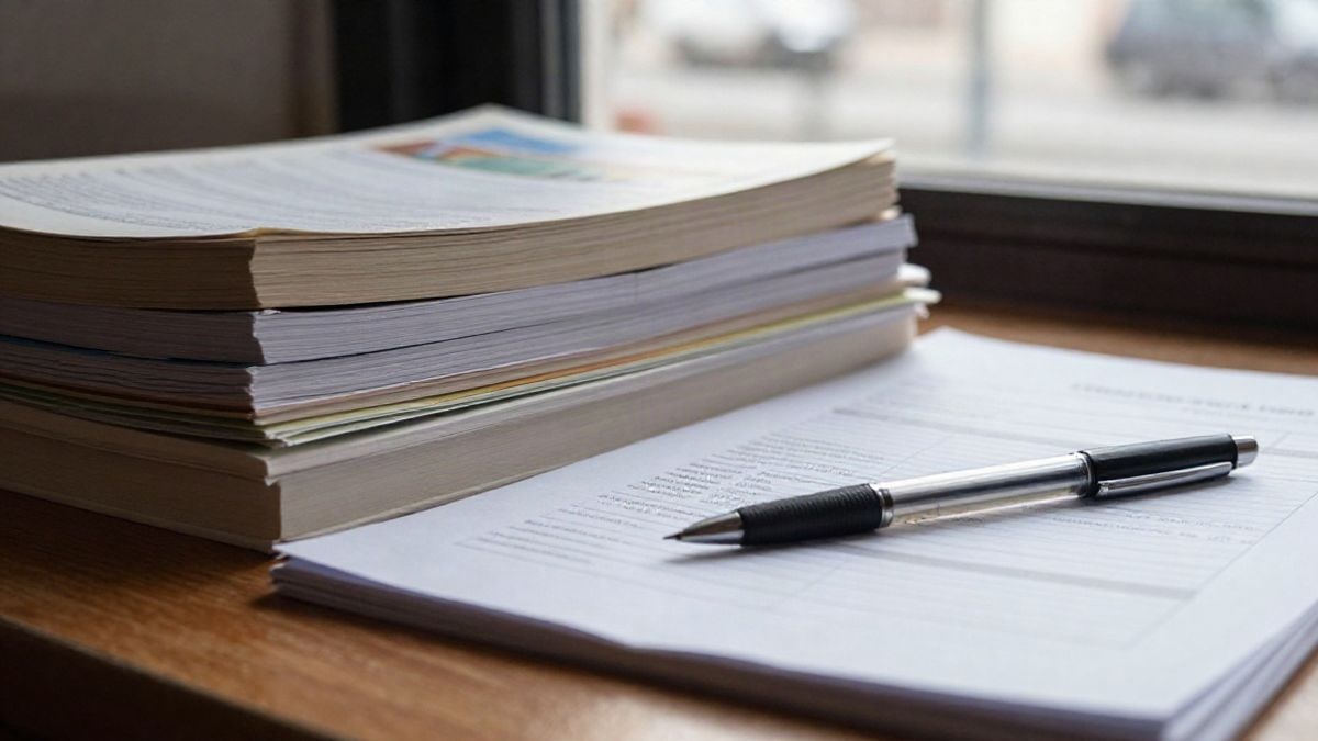 Illustrative image: close-up of textbooks and a pen on a wooden table next to a blank form