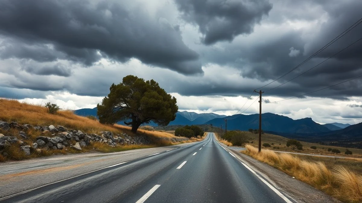 Imagen ilustrativa: carretera rural en la sierra bajo un cielo tormentoso con nubes oscuras.