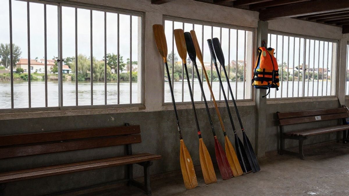 Imagen ilustrativa: palas de piragua apoyadas en la pared de un hangar junto a la ventana