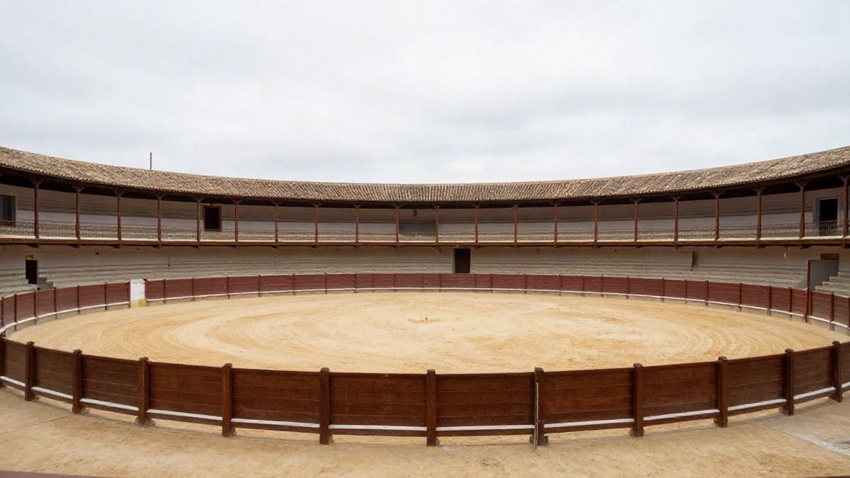 Imagen ilustrativa: plaza de toros rural vacía con barreras de madera y tendido al fondo