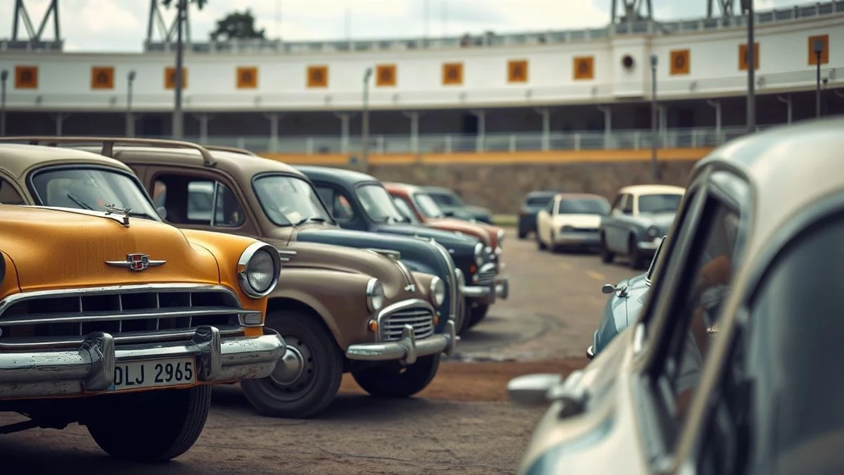 Imagen ilustrativa: varios coches clásicos de época aparcados en una explanada de un coso taurino, con la pared del recinto al fondo
