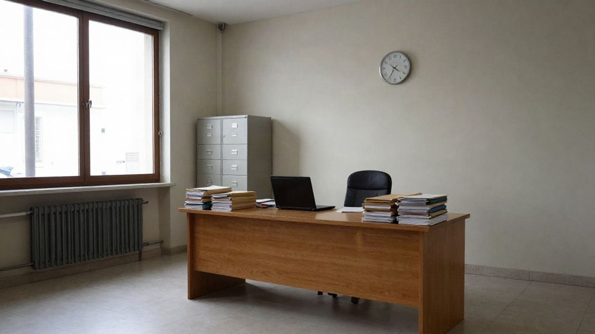 Imagen ilustrativa: despacho municipal vacío con escritorio, carpetas y luz de ventana lateral