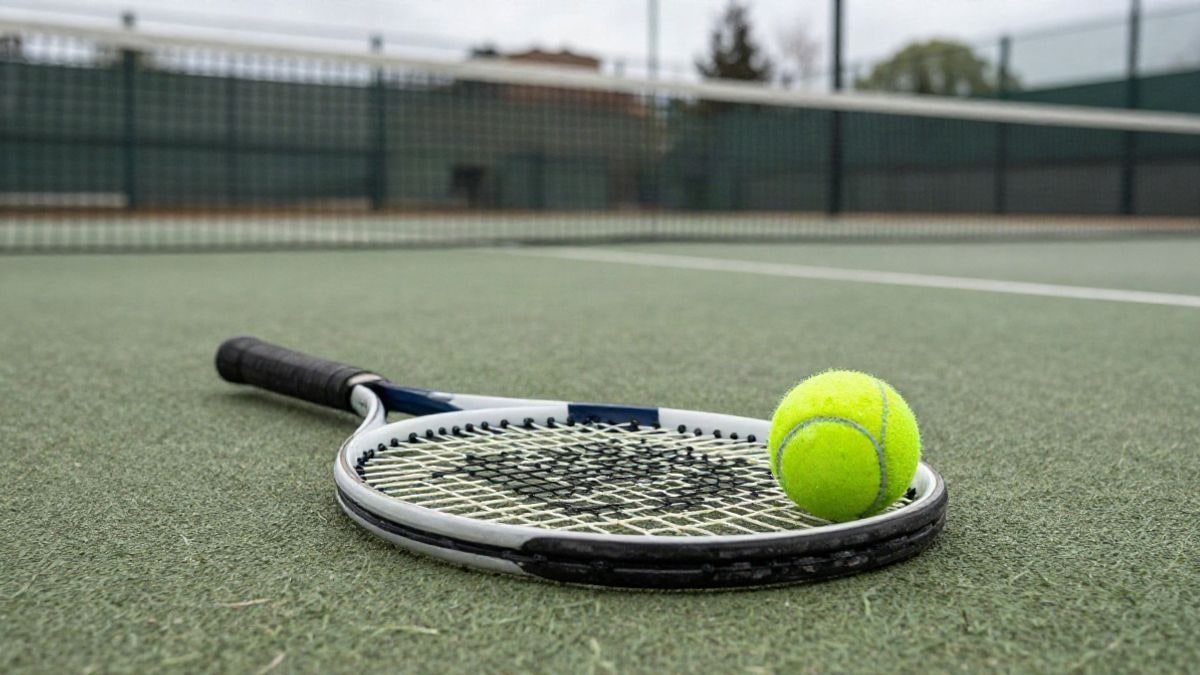 Imagen ilustrativa: una pala y una pelota de pádel sobre el césped artificial de una pista, con la red al fondo.