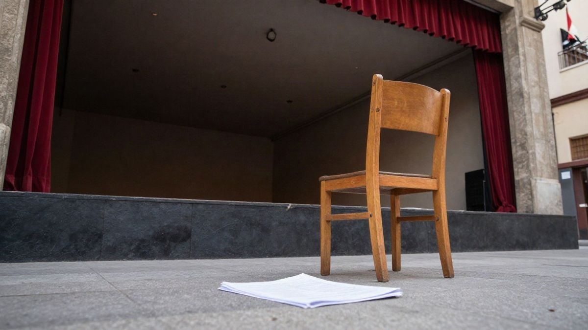 Imagen ilustrativa: escenario vacío de un teatro con una silla y un guion en el suelo