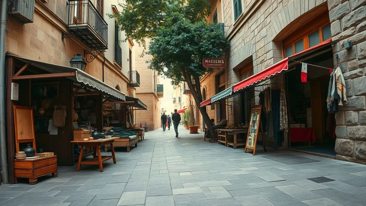 Illustrative image: empty craft stalls in a village square, with handmade products and a backdrop of stone buildings.