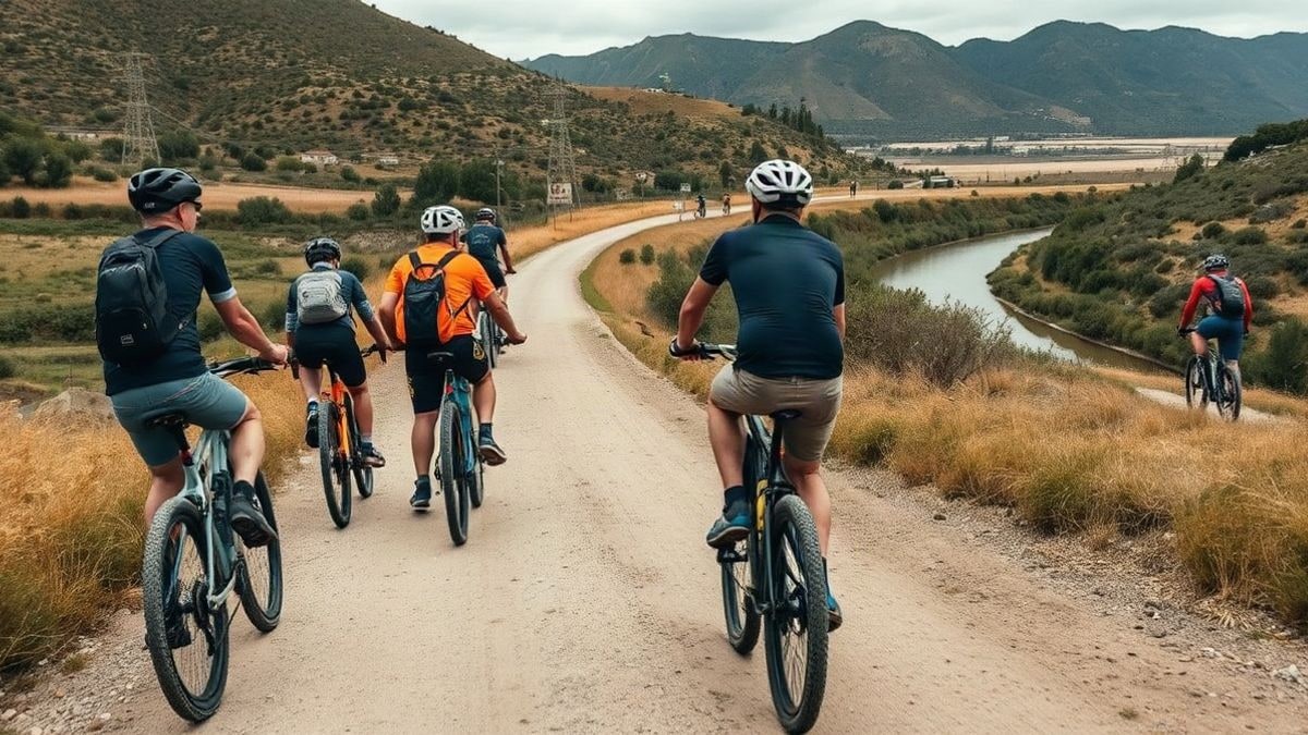 Imagen ilustrativa: ciclistas de montaña en grupo recorriendo un camino rural con un canal al fondo, bajo un cielo nublado.