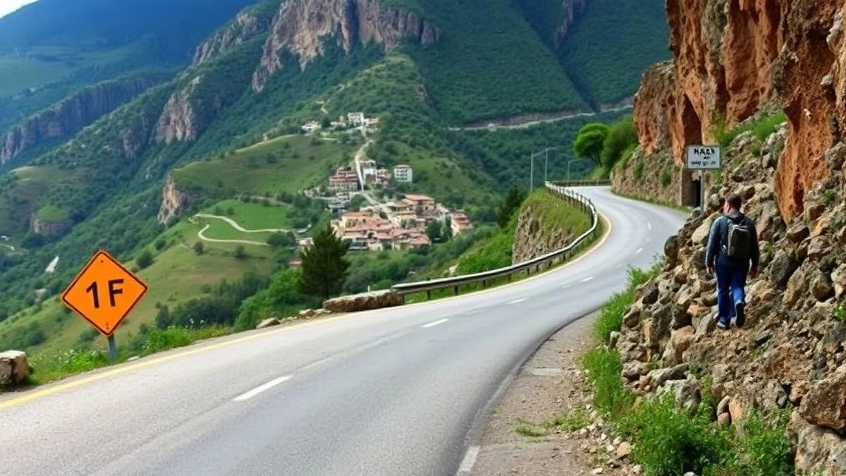 Imagen ilustrativa: carretera de montaña con un caminante solitario y el pueblo al fondo