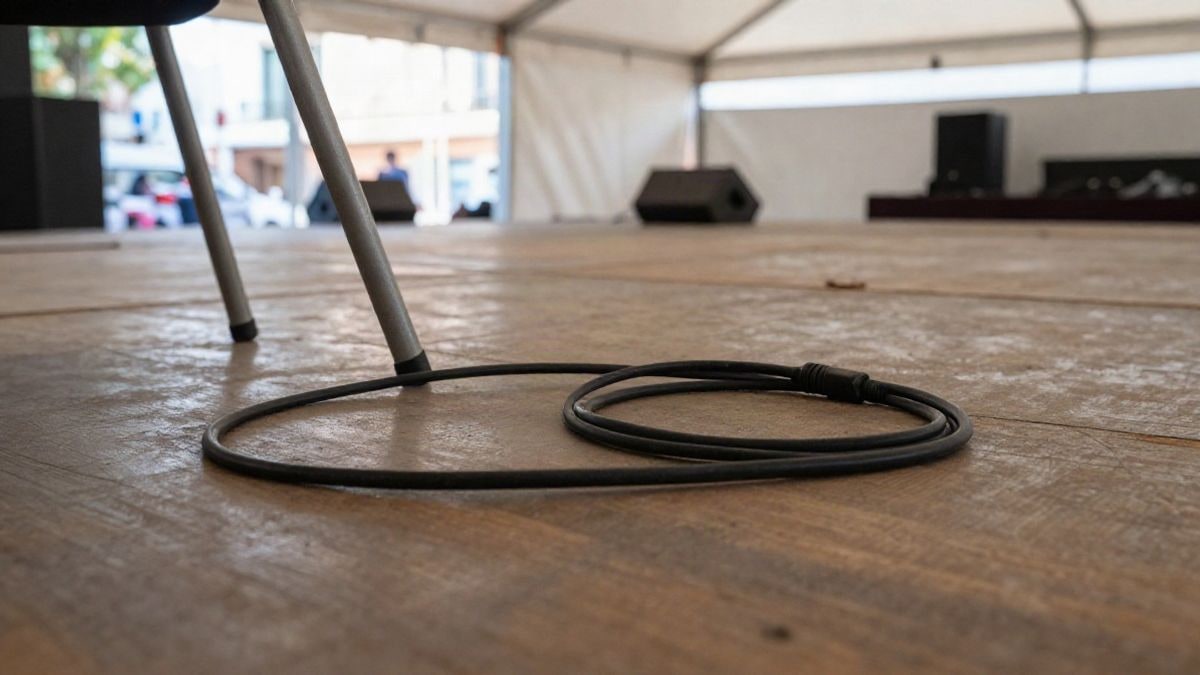 Imagen ilustrativa: detalle del suelo de madera de un escenario con cable de audio y una silla plegable en una carpa vacía