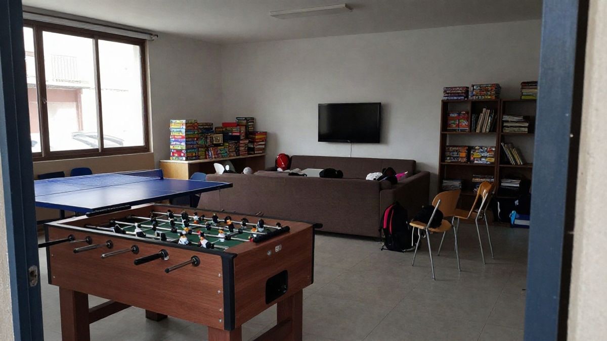 Imagen ilustrativa: sala de un centro juvenil con futbolín, mesa de ping-pong y juegos de mesa junto a una ventana