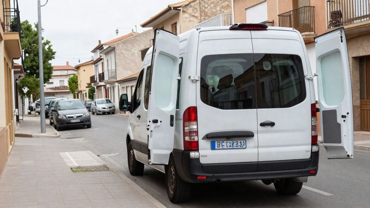 Imagen ilustrativa: una ambulancia blanca aparcada con las puertas traseras abiertas en una calle residencial