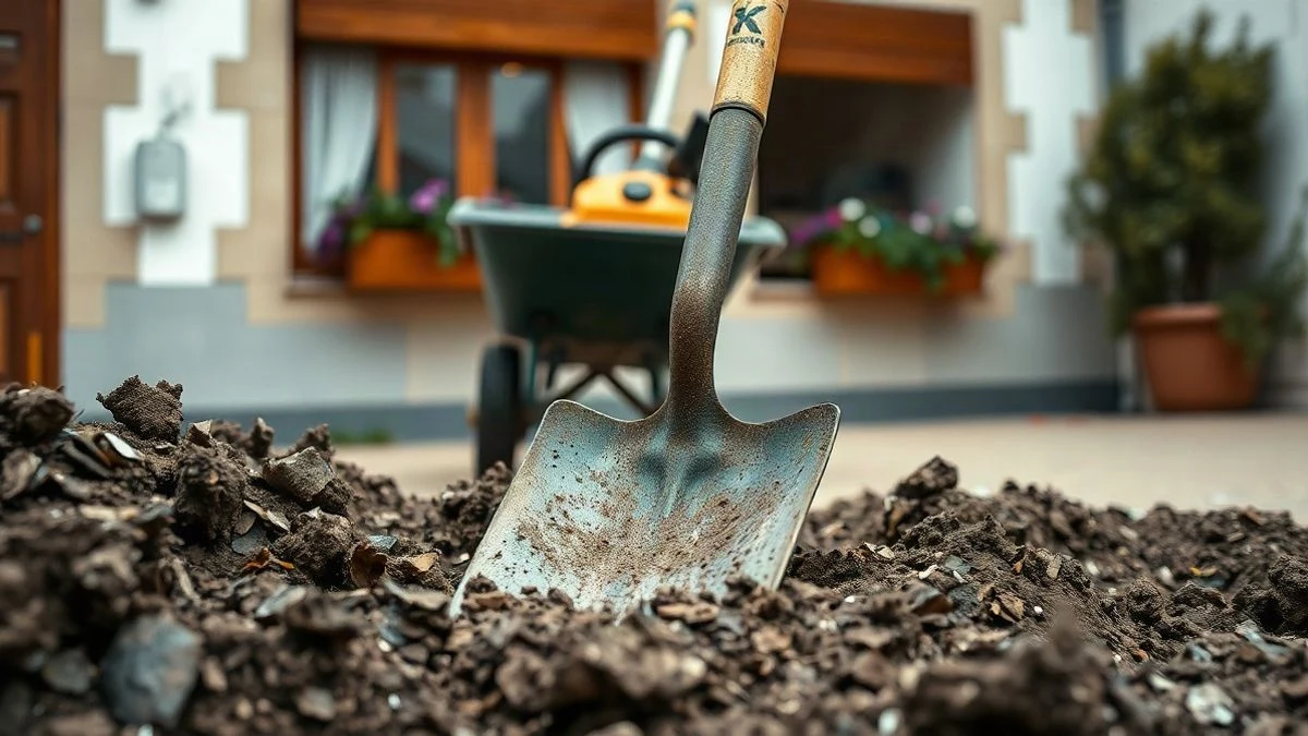 Imagen ilustrativa: herramientas de jardinería sobre tierra, con un edificio municipal de fondo
