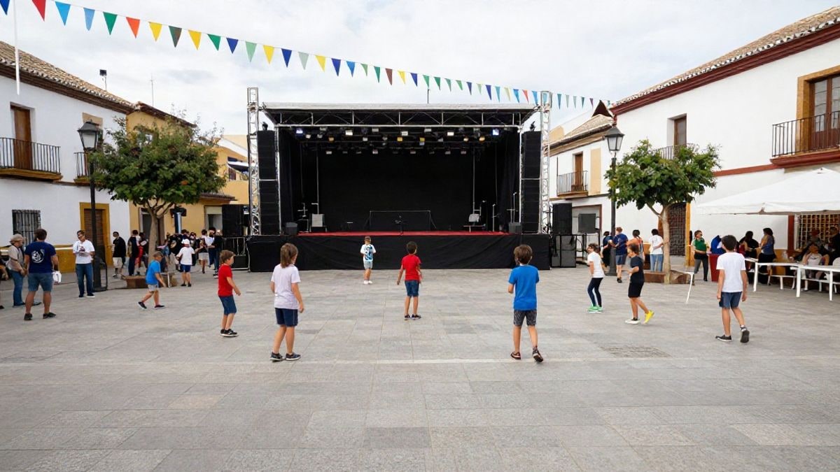 Imagen ilustrativa: una plaza española con decoración festiva y un escenario, sin personas reconocibles.