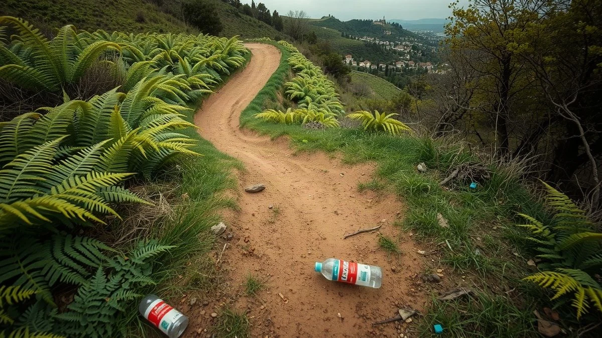 Imagen ilustrativa: sendero entre helechos con basura abandonada y un pueblo al fondo