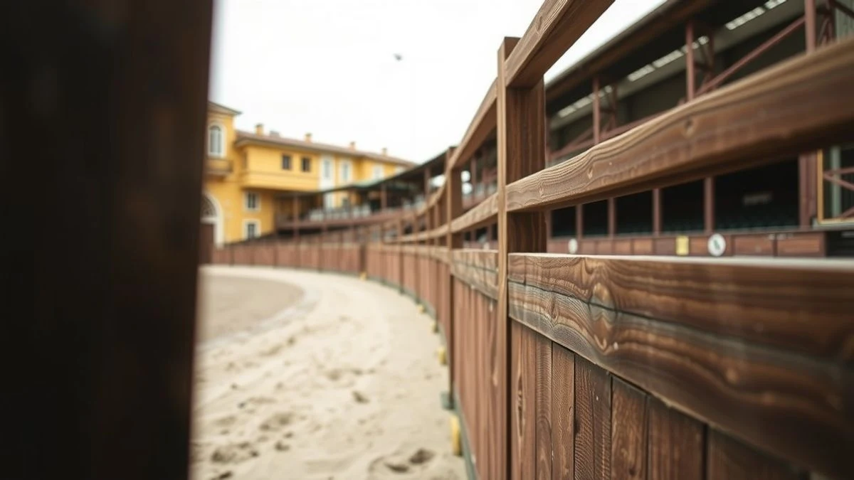 Imagen ilustrativa: barrera de madera de una plaza de toros vacía, con la arena y las gradas al fondo, en un día nublado.