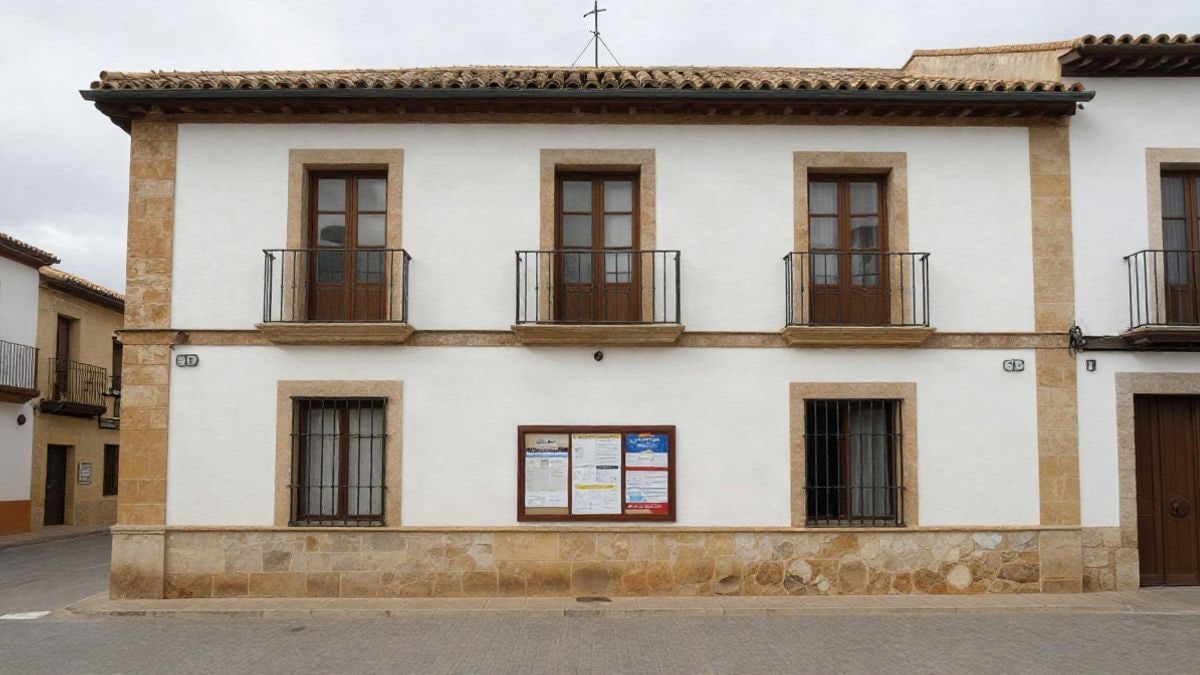 Imagen ilustrativa: fachada de un edificio municipal genérico con un tablón de anuncios en la pared
