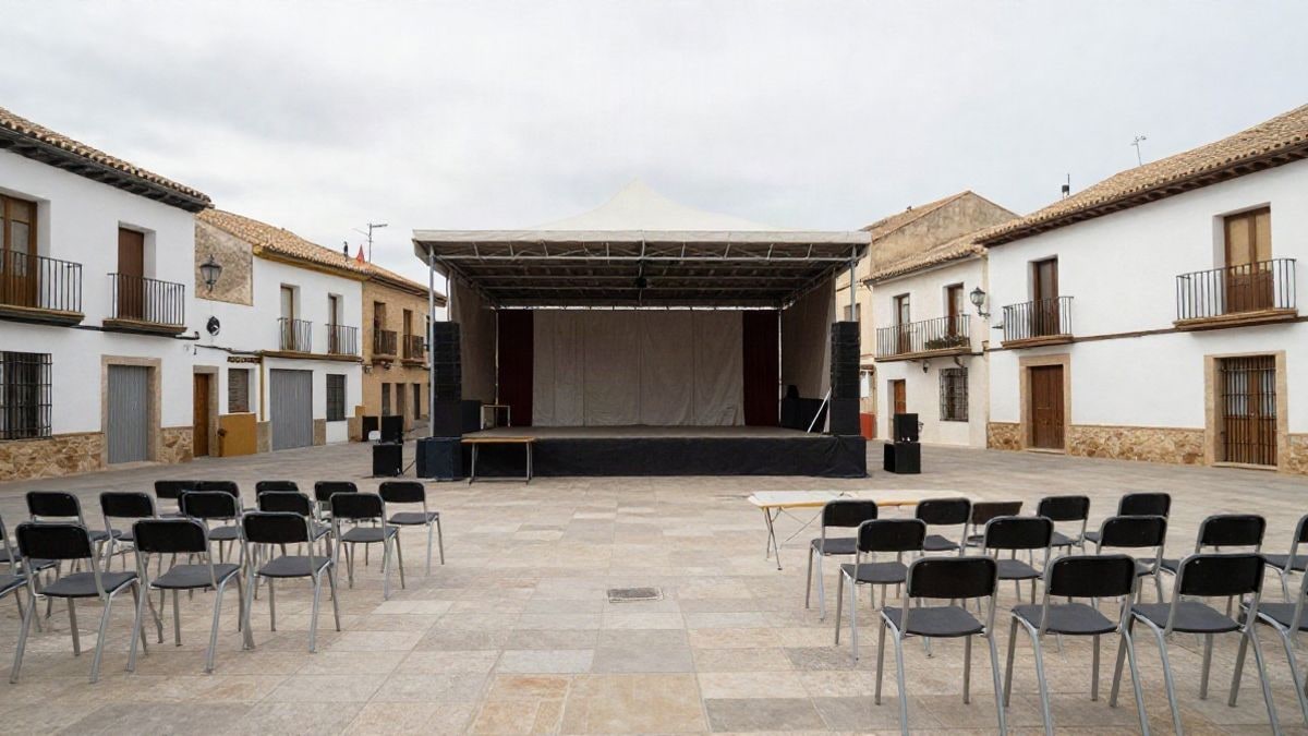 Imagen ilustrativa: plaza de pueblo con escenario y sillas preparadas para un acto festivo