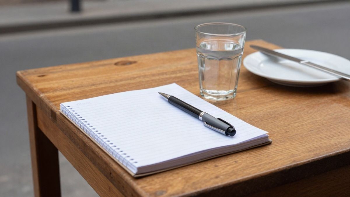Imagen ilustrativa: detalle de una mesa de madera con cuaderno, bolígrafo y un vaso de agua