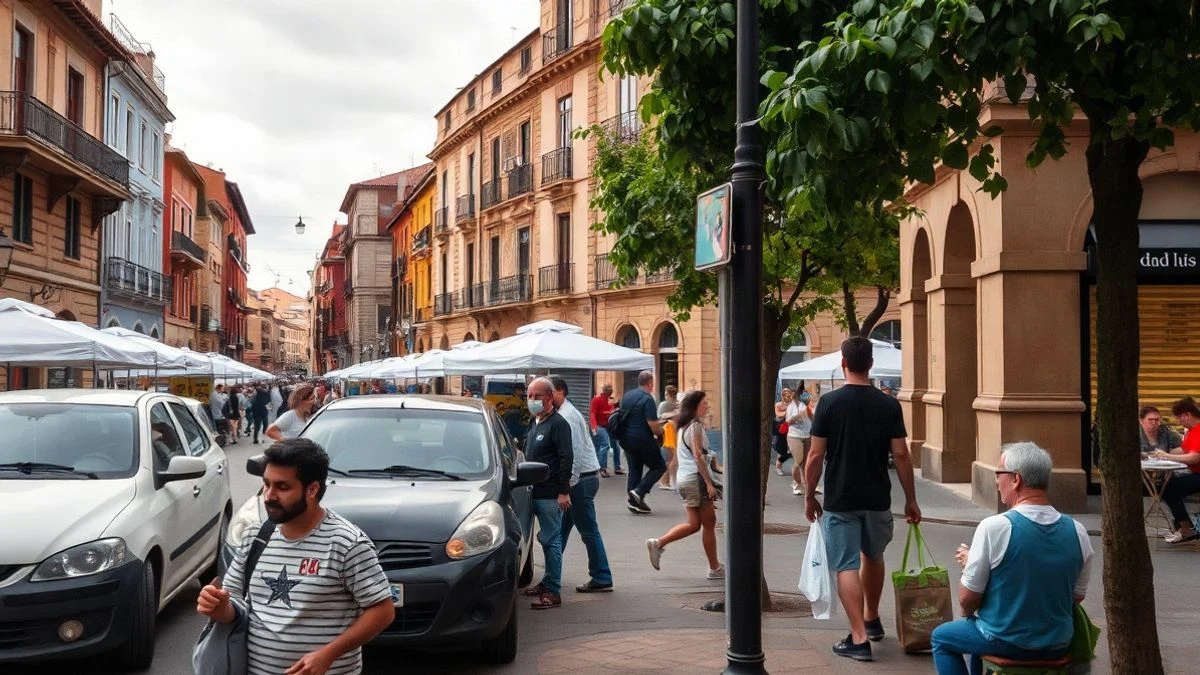 Imagen ilustrativa: plaza española con toldos y mesas durante una feria, sin personas reconocibles.