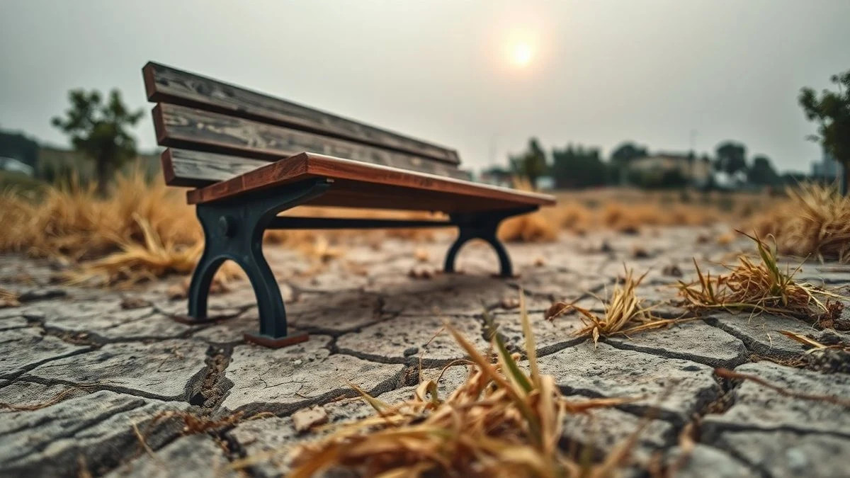 Imagen ilustrativa: un banco de madera en un parque seco con césped amarillento bajo un sol intenso.