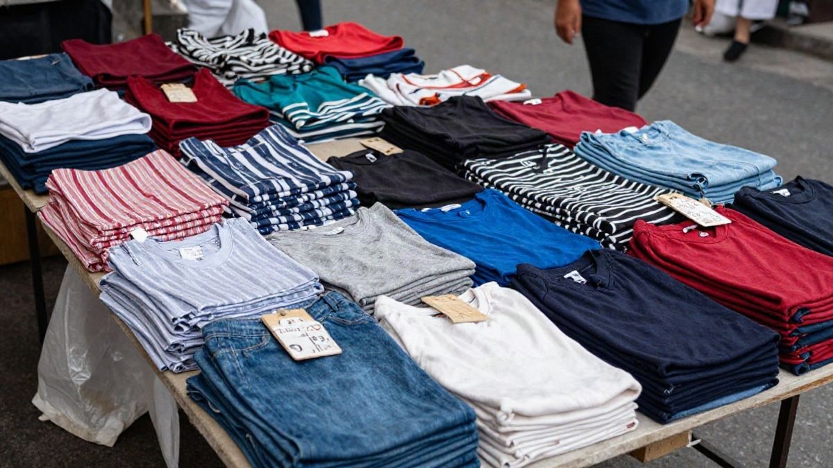 Imagen ilustrativa: puesto de mercado con ropa doblada y etiquetas de precio