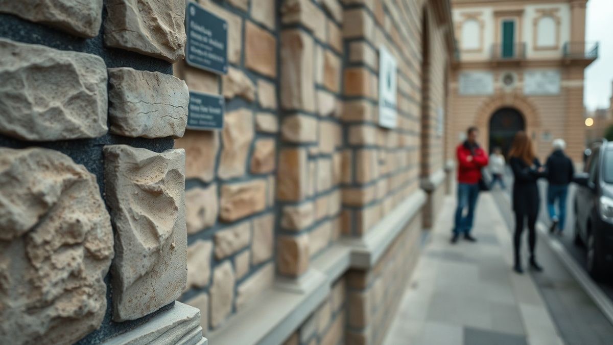 Imagen ilustrativa: detalle de la fachada de piedra de un edificio municipal con un grupo de personas de espaldas en primer plano.