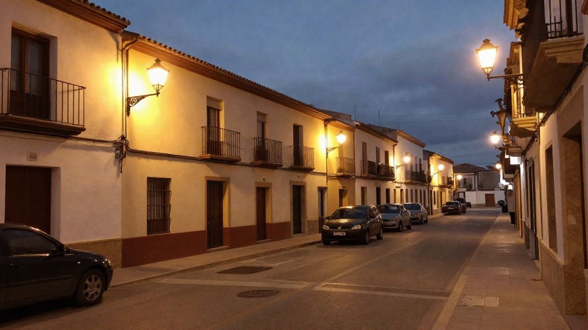 Imagen ilustrativa: fachada de un edificio municipal corriente en una calle de pueblo, iluminada por farolas durante la noche