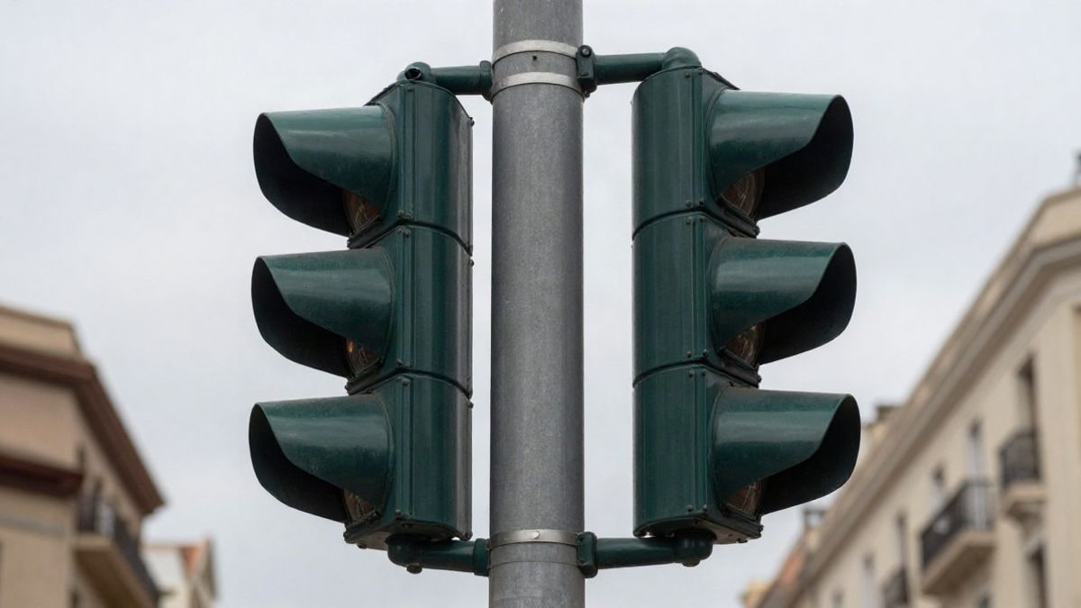 Illustrative image: close-up of an urban traffic light with pedestrian button and detection camera at an intersection