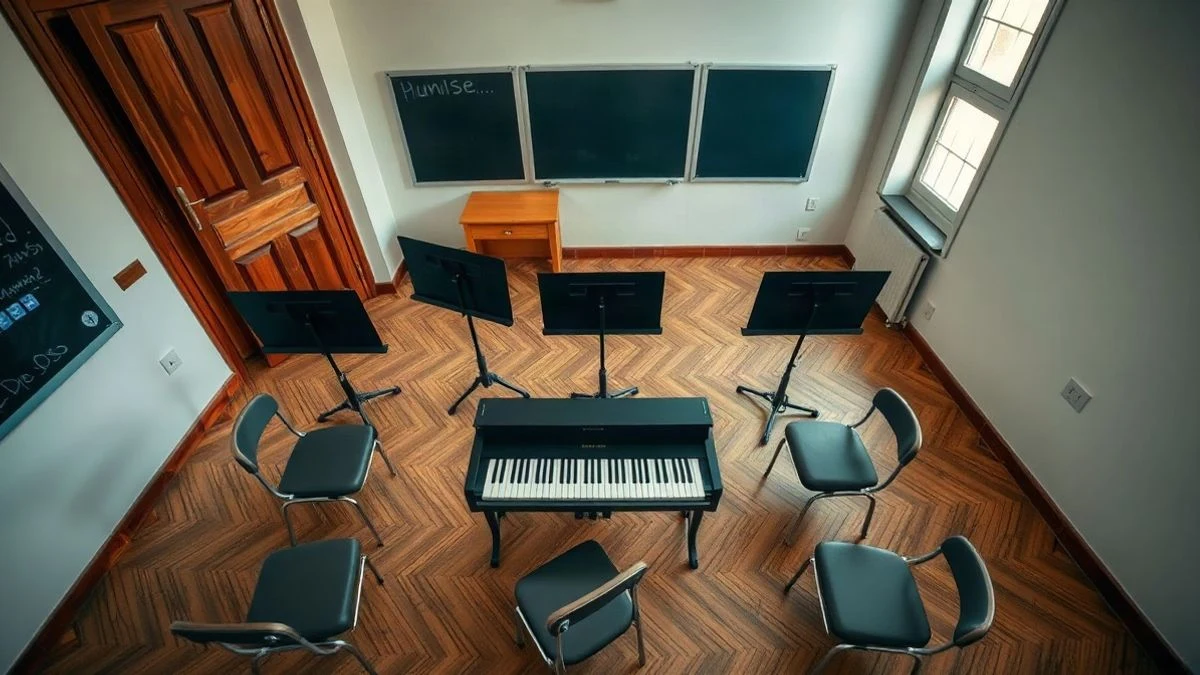 Imagen ilustrativa: aula de música vacía con atriles y piano, vista desde arriba