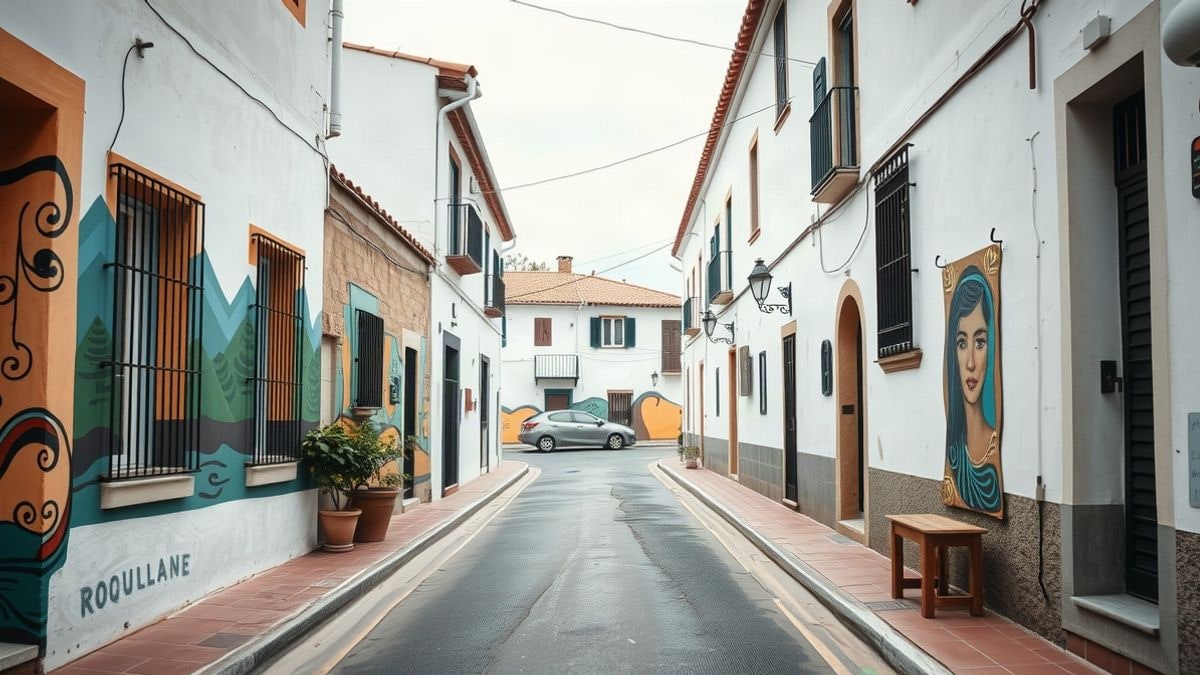 Imagen ilustrativa: calle de un pueblo serrano con murales coloridos en las fachadas, vacía y a la luz del día.