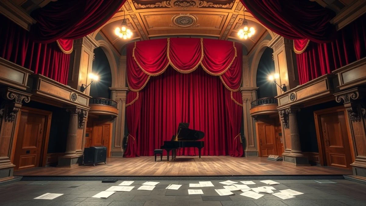 Illustrative image: overhead view of an empty theatre stage with a grand piano and red curtain.