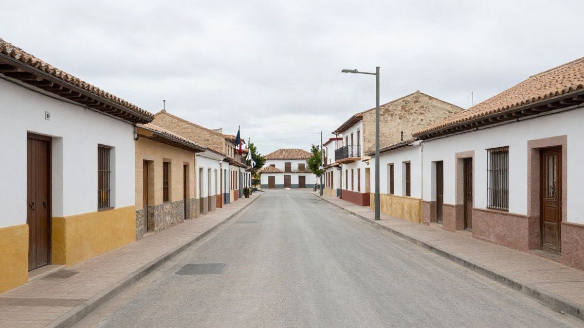 Illustrative image: main street of a Spanish rural village with low houses and lines converging towards the square