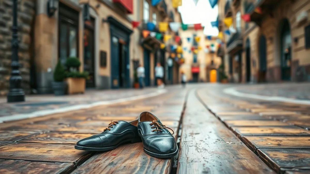 Imagen ilustrativa: castañuelas y zapatos de baile sobre un suelo de madera en una plaza, con adornos festivos de fondo.