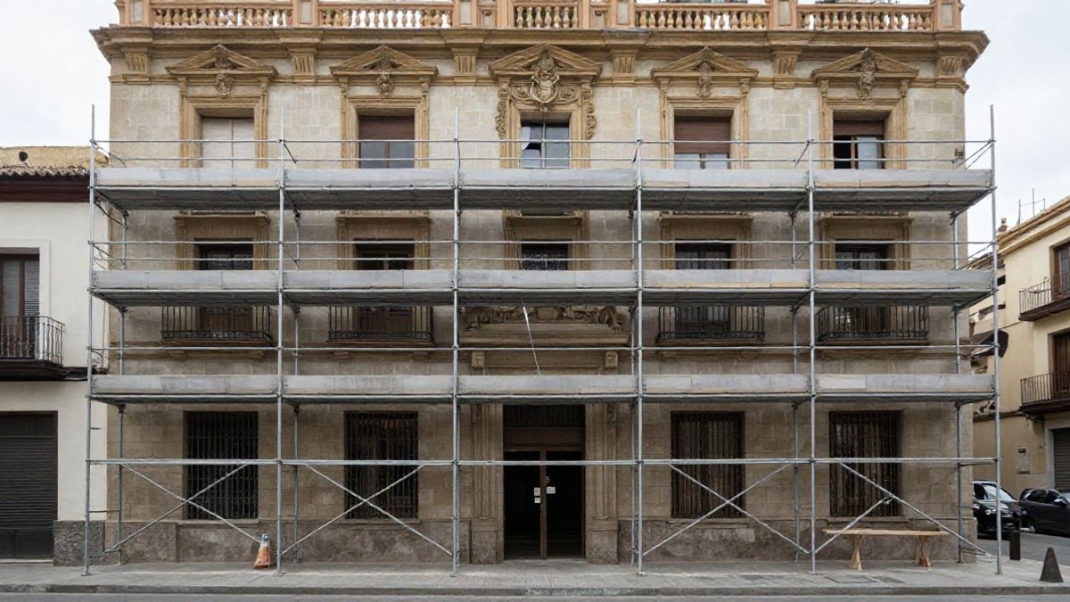 Imagen ilustrativa: fachada de un edificio antiguo con andamios y obras de restauración en una calle de Madrid.