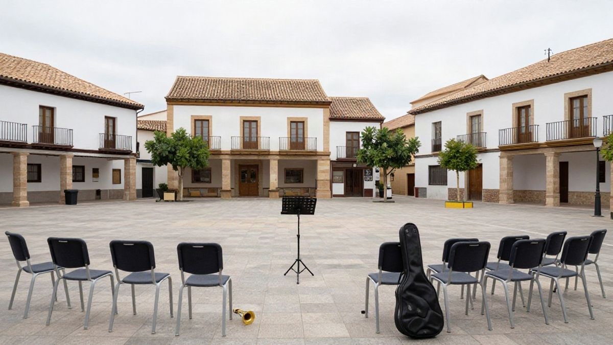 Imagen ilustrativa: plaza de un pueblo español con sillas preparadas para un concierto al aire libre y un atril con instrumento