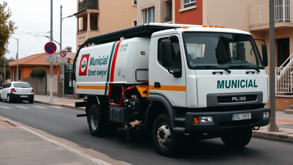 Imagen ilustrativa: barredora municipal aparcada en una calle de una localidad española, con edificios de fondo.